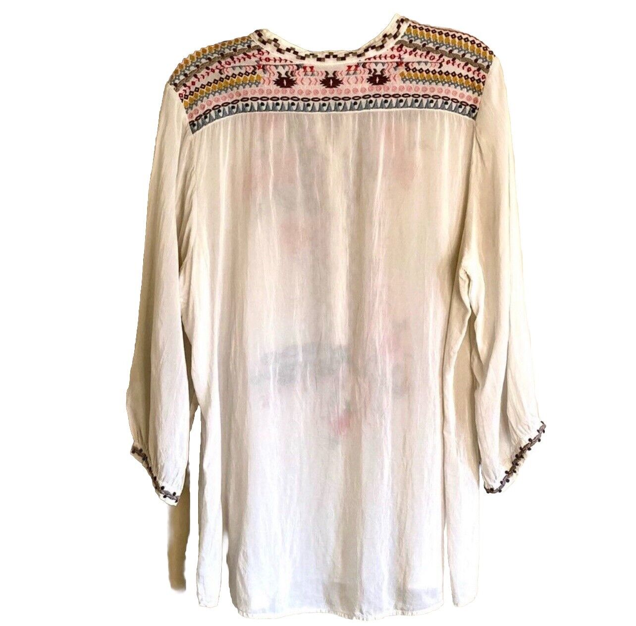 Johnny Was Silky White Embroidered Peasant Blouse Top Tunic XL SUMMER