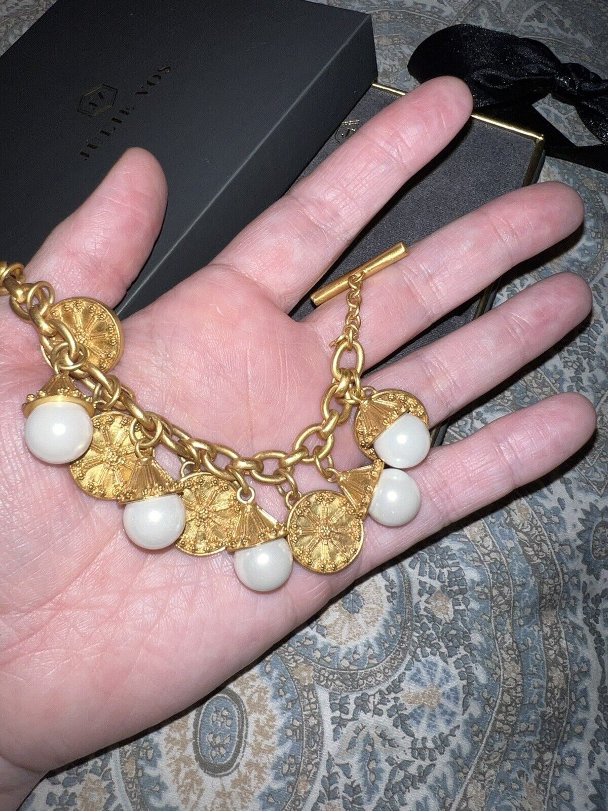 Julie Vos Pearl & Medallion Charm Link Bracelet Toggle 24k Gold Plated