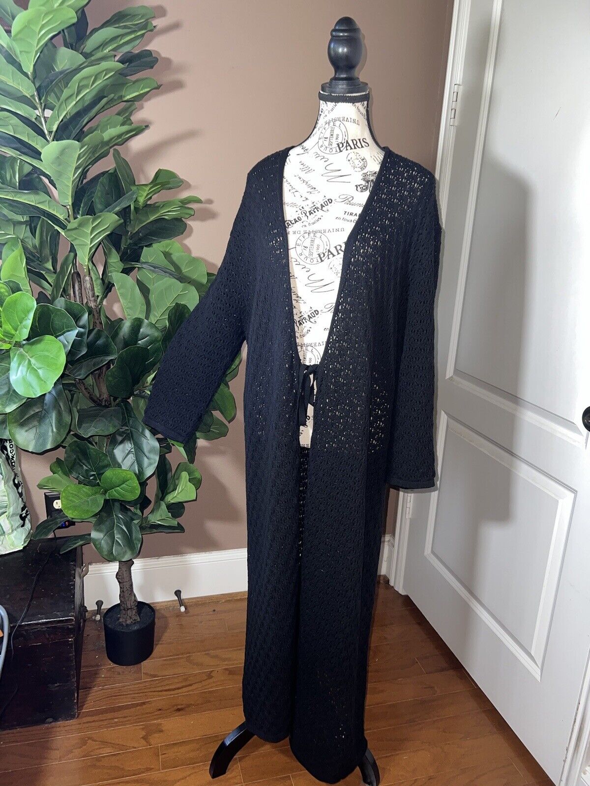 Johnny Was Black Crochet Long Kimono XL 1X 1XL  Duster Cover Up Wrap