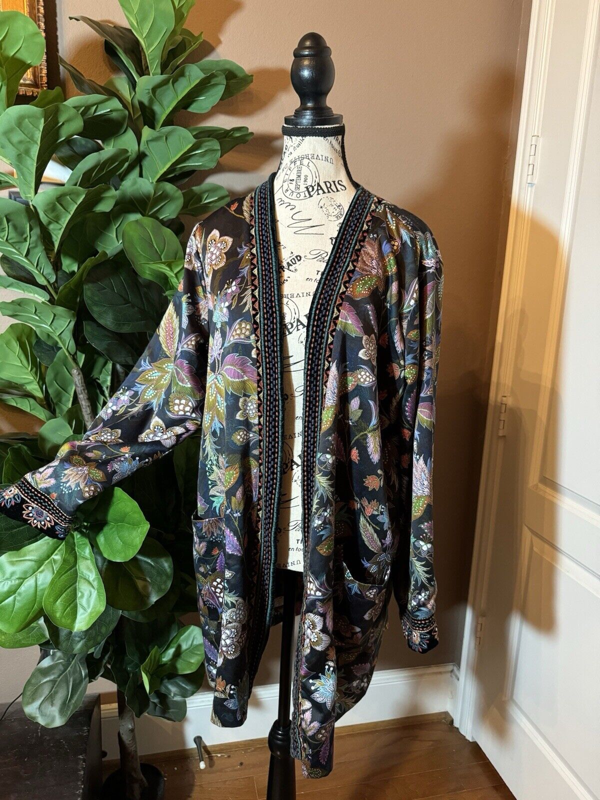 Johnny Was M Leopard Print Silk Lined Kimono Duster Wrap Velvet Trim Pockets