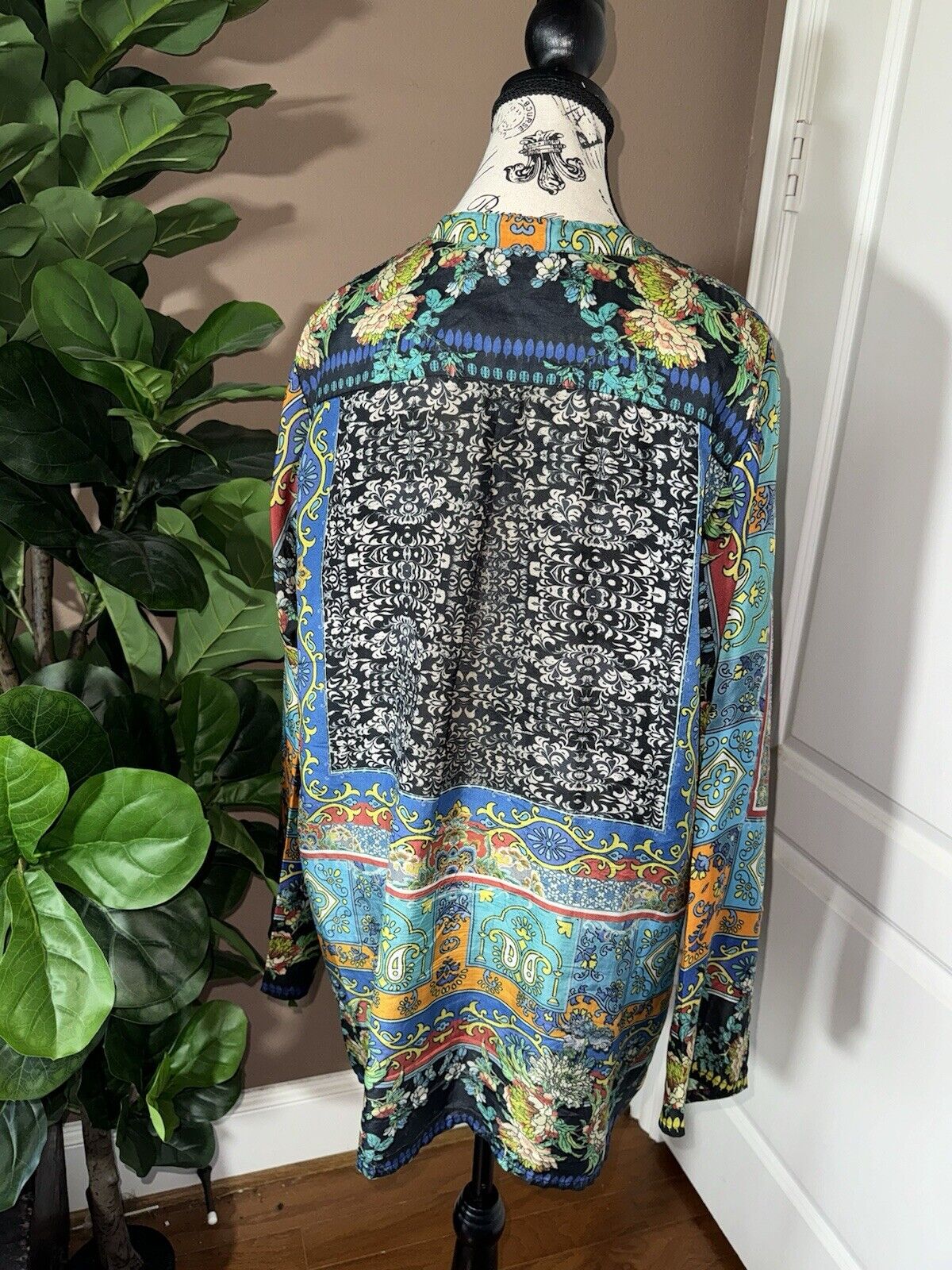 Johnny Was 100% Silk L Large Tunic Top Mini Dress Kimono Sleeves OVERSIZED