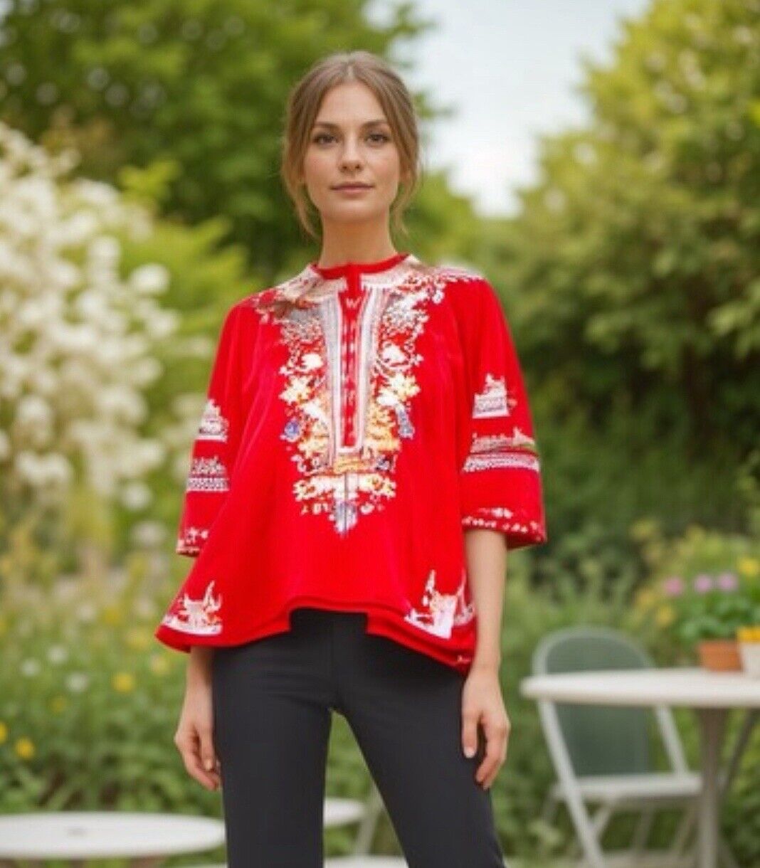 Johnny Was 3x 3XL Tunic Top Red Silky Handkerchief Hem Peasant Blouse