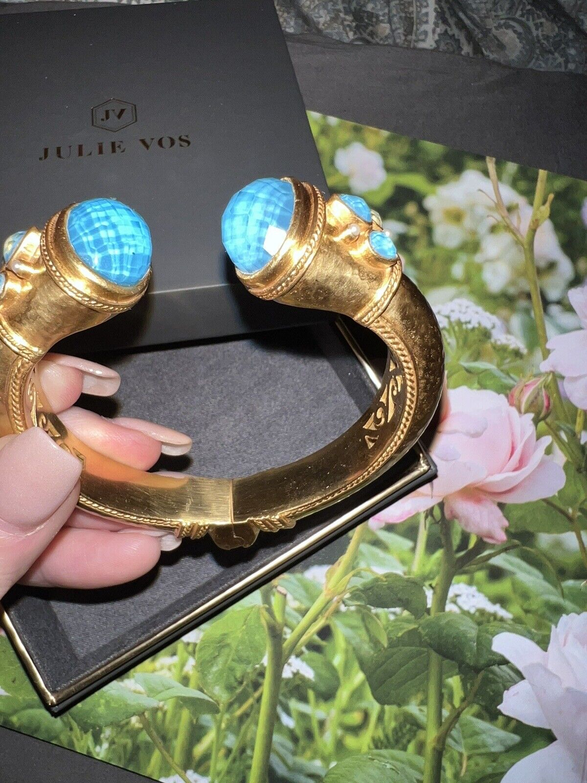 NEW Julie Vos Large Iridescent Blue Hinged Bangle Cuff Bracelet 24k Gold Plate