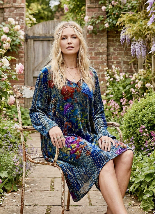 Johnny Was M Medium Velvet Shift Mini Dress Tunic Style Floral Rich Jewel Tones Johnny Was