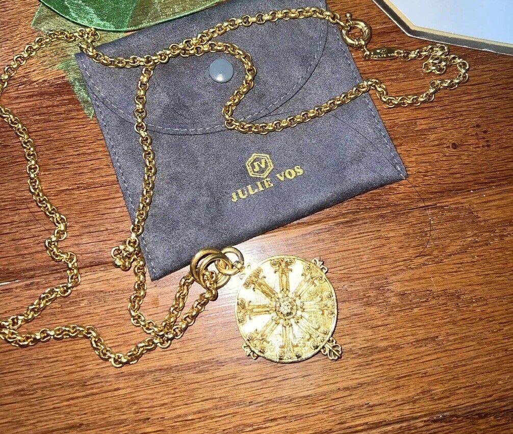 NEW Julie Vos Medallion Pendant W/ Heavy Chain Link Necklace 24k Gold Plate NWOT