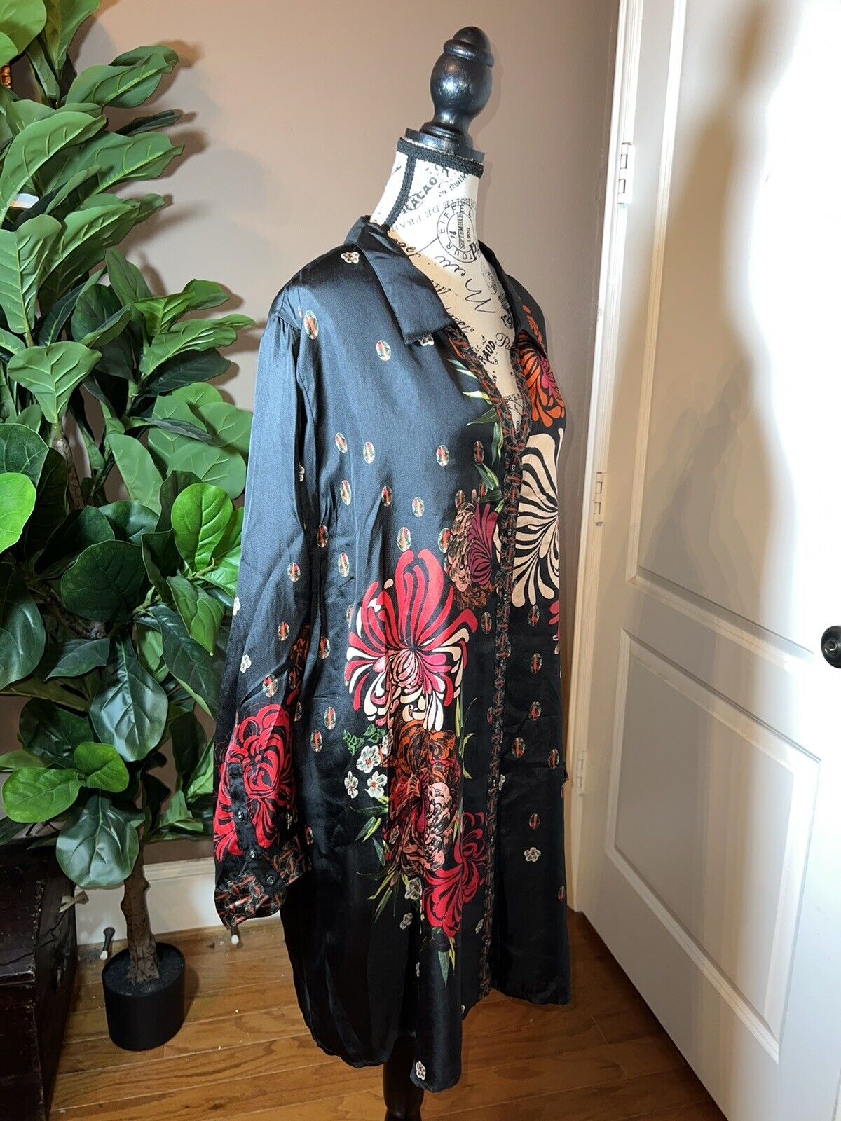 Johnny Was 100% Silk Black Floral Pattern Tunic Top Mini Shirt Dress 1X XL