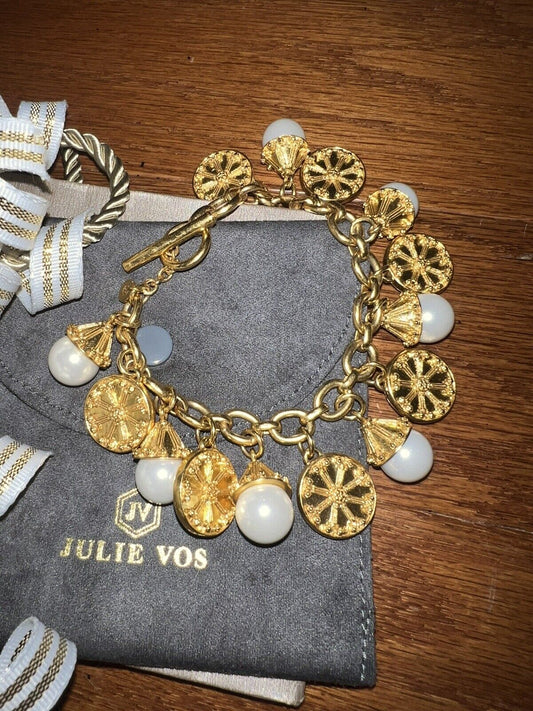 Julie Vos Pearl & Medallion Charm Link Bracelet Toggle 24k Gold Plated