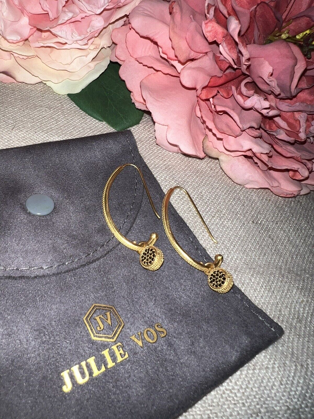 Julie Vos Black Obsidian French Wire Hoop 24k Gold Plate Earrings