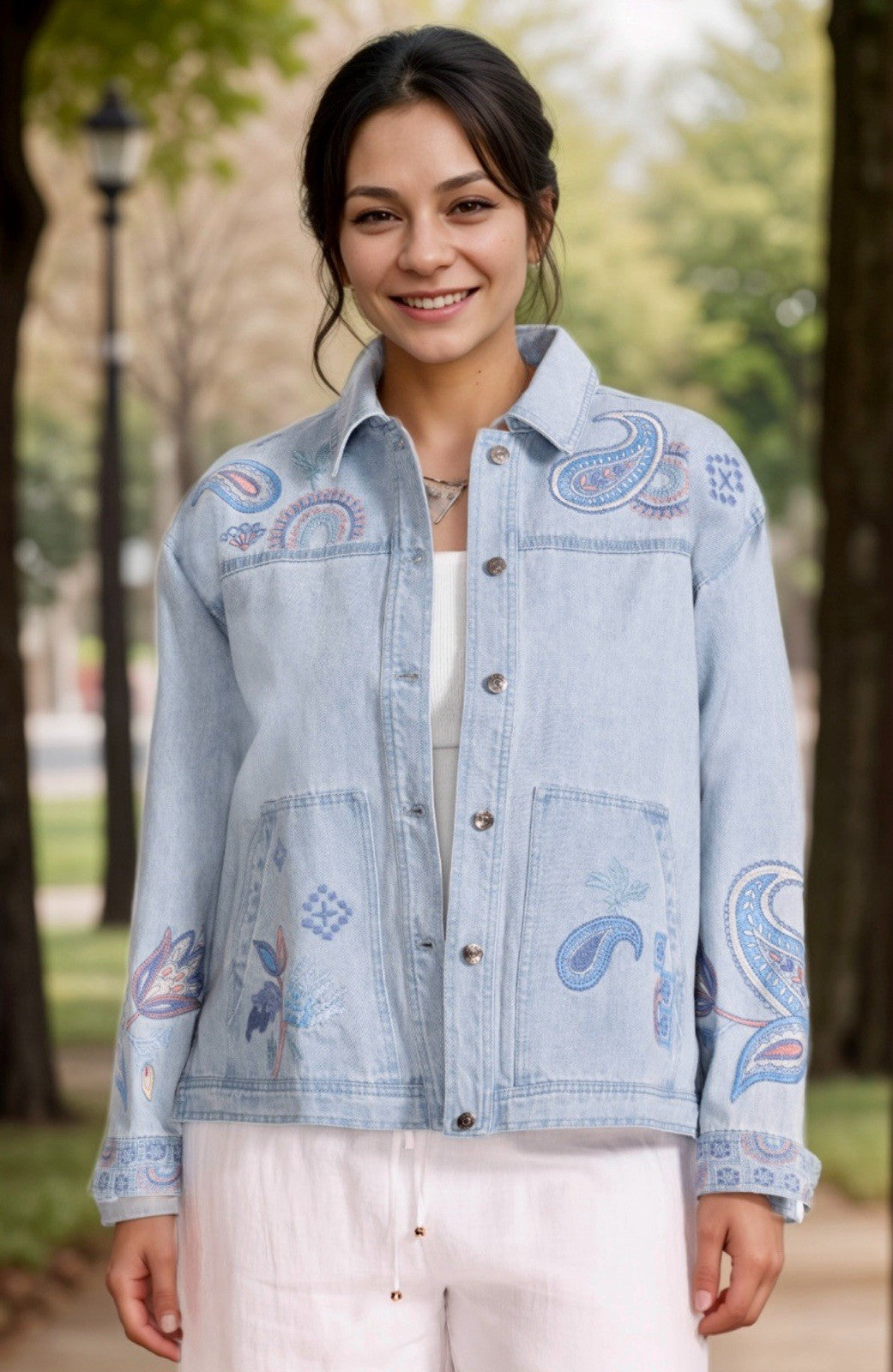 Johnny Was 2X Plus Denim Worker Jacket Coat Embroidered Birds & Paisley Johnny Was