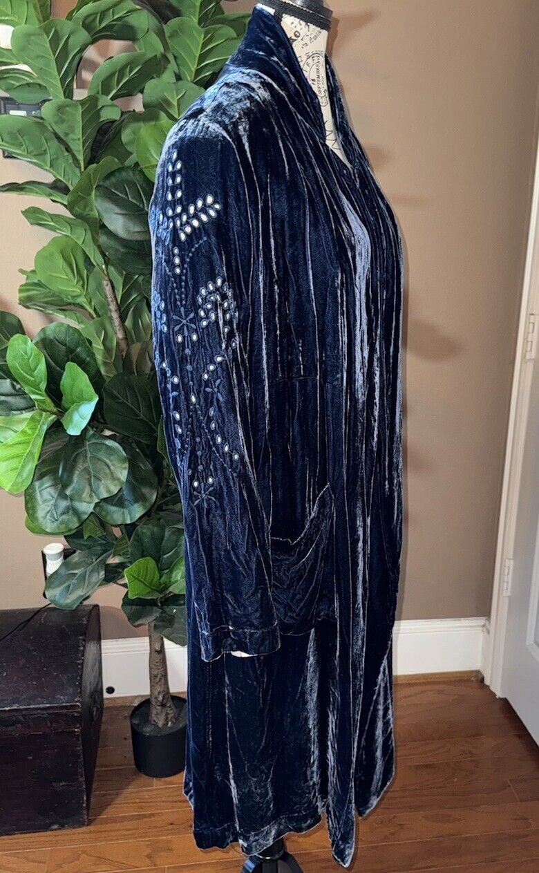 Johnny Was M Blue Velvet Long Kimono Duster Wrap Coat Eyelet Lace Cutout