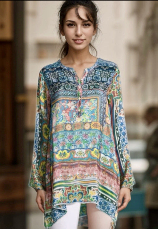 Johnny Was 3X Plus 100% Silk Button Tunic Top Or Mini Dress Blouse Shirt Cool Johnny Was