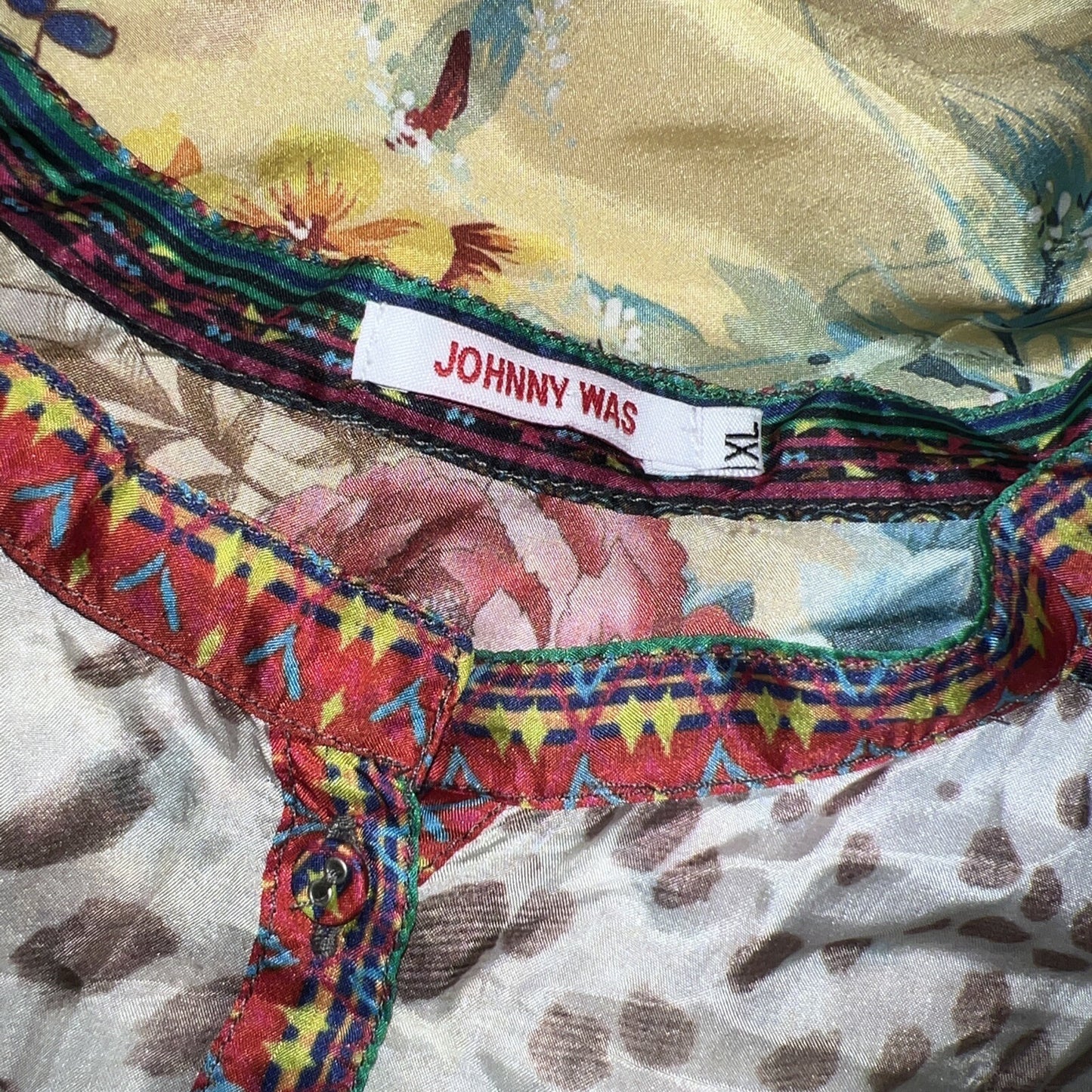 100% Silk Johnny Was Tunic Top XL Soft & Flowy Leopard & Flower Johnny Was