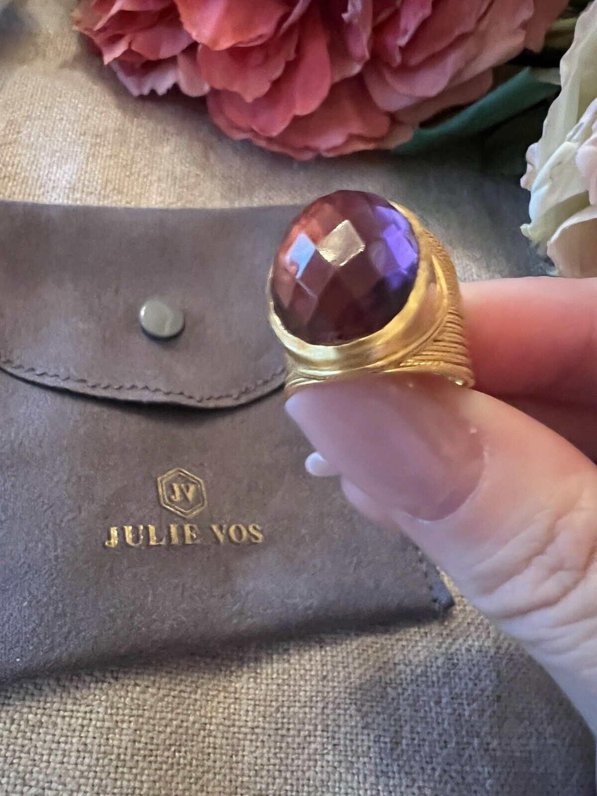 Julie Vos Verona Statement Ring Plum Purple Sz 8 Adjustable 24k Plated