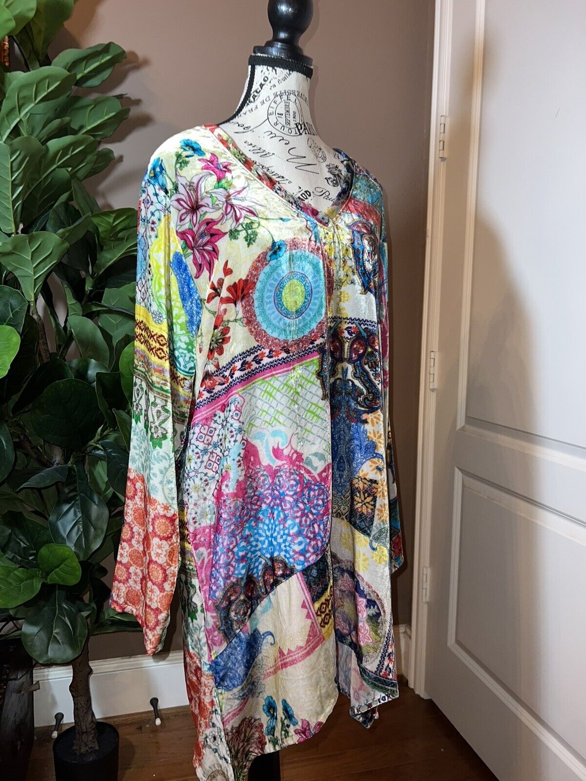 Johnny Was BOHO Velvet Mini Dress Tunic Top Kimono sleeves Sz L Large