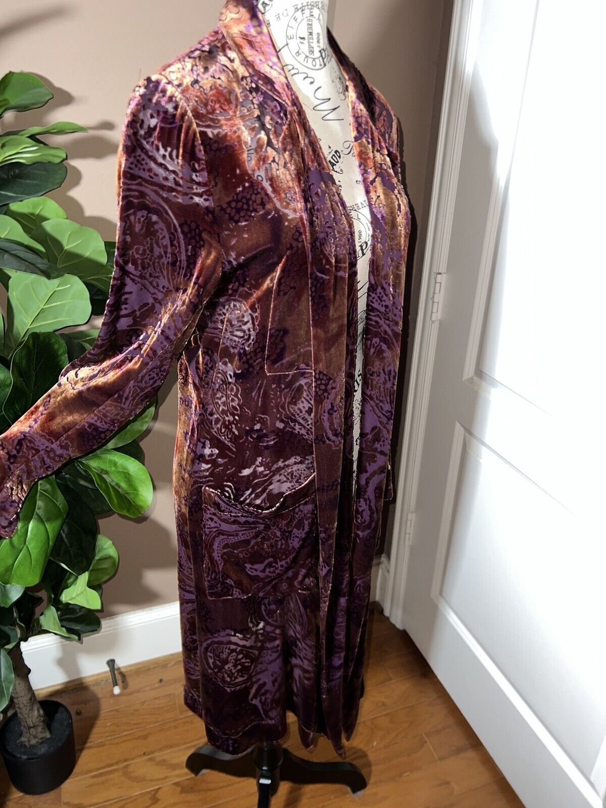 Johnny Was Large Burnout Velvet Long Kimono Duster Wrap Burgundy Wine Jacket