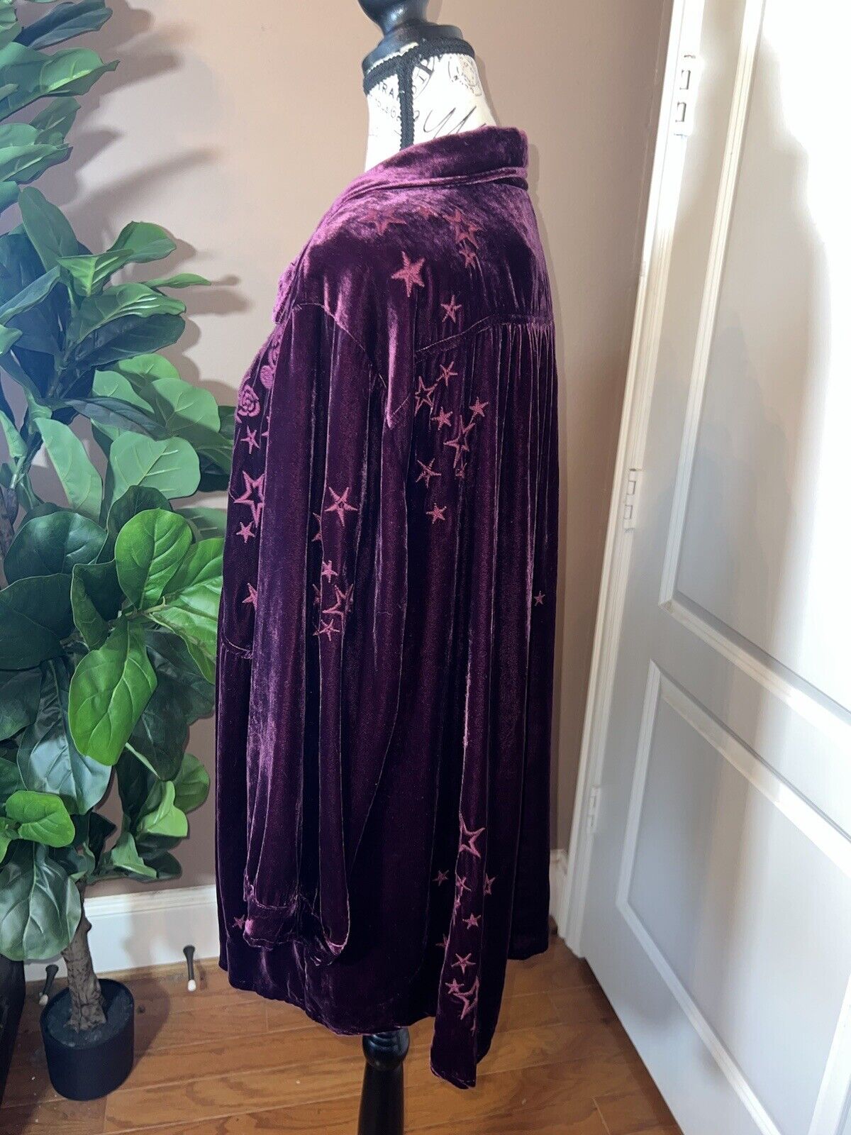 Johnny Was Burgandy Wine Velvet & Embroidered Tunic Top Kimono 1X 1XL XL