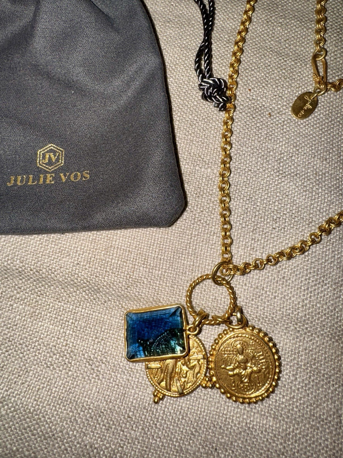 Julie Vos Necklace Sapphire Blue Glass & Gold Coin Pendant 24k Plated RETIRED Julie Vos