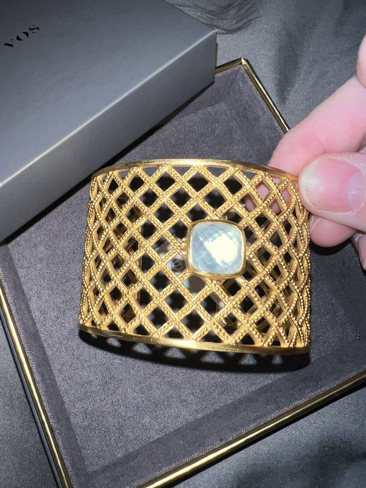 NEW Julie Vos Basketweave Cuff Bracelet 24k Gold Plated Iridescent White Stone