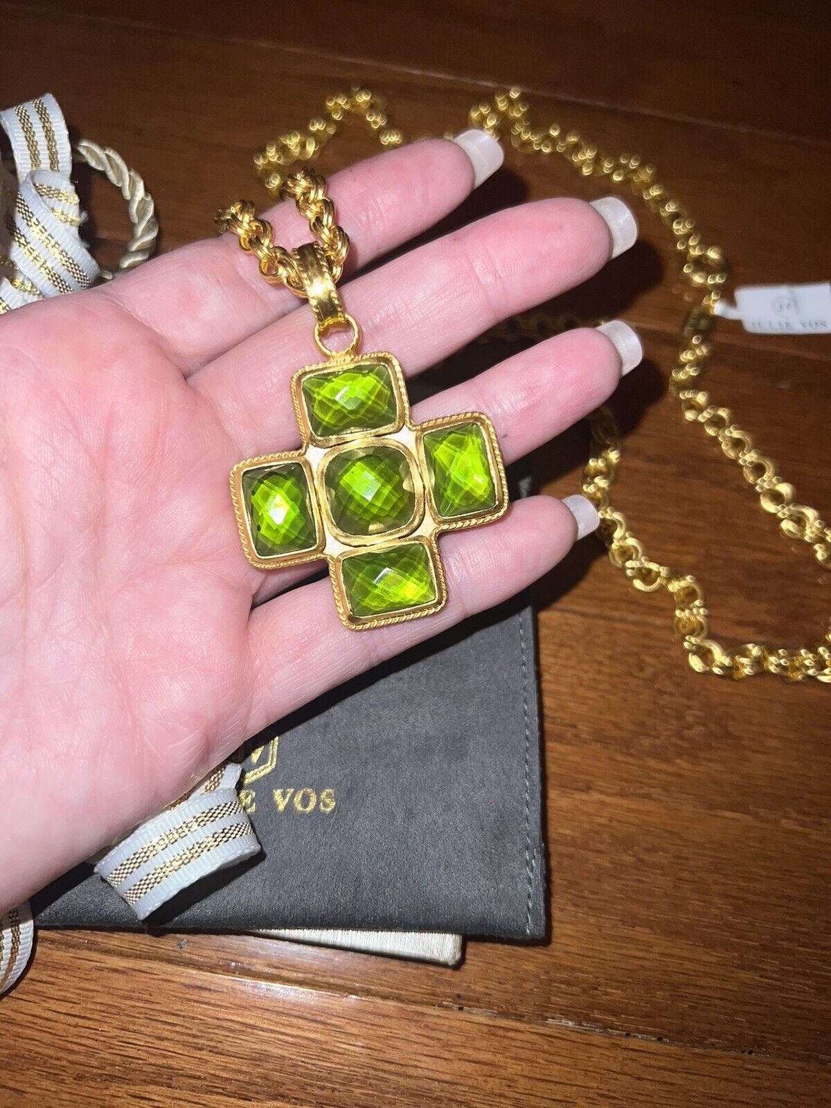 NEW Julie Vos Green & 24k Gold Plate Statement Long Cross Necklace NWT