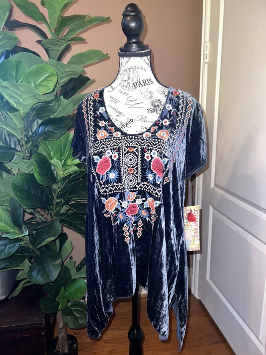 Johnny Was Midnight Blue Velvet Embroidered Tunic Top Kimono Sz M Medium