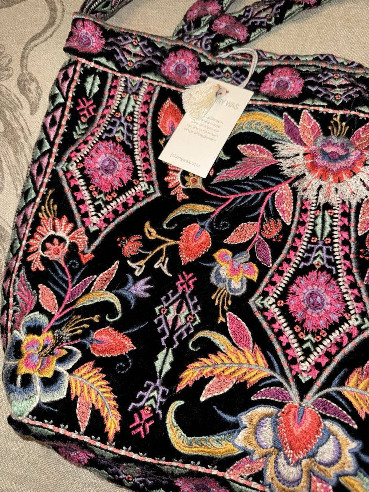 Johnny Was Large Black Velvet Hobo Bag Tote Purse Embroidered Crossbody Johnny Was