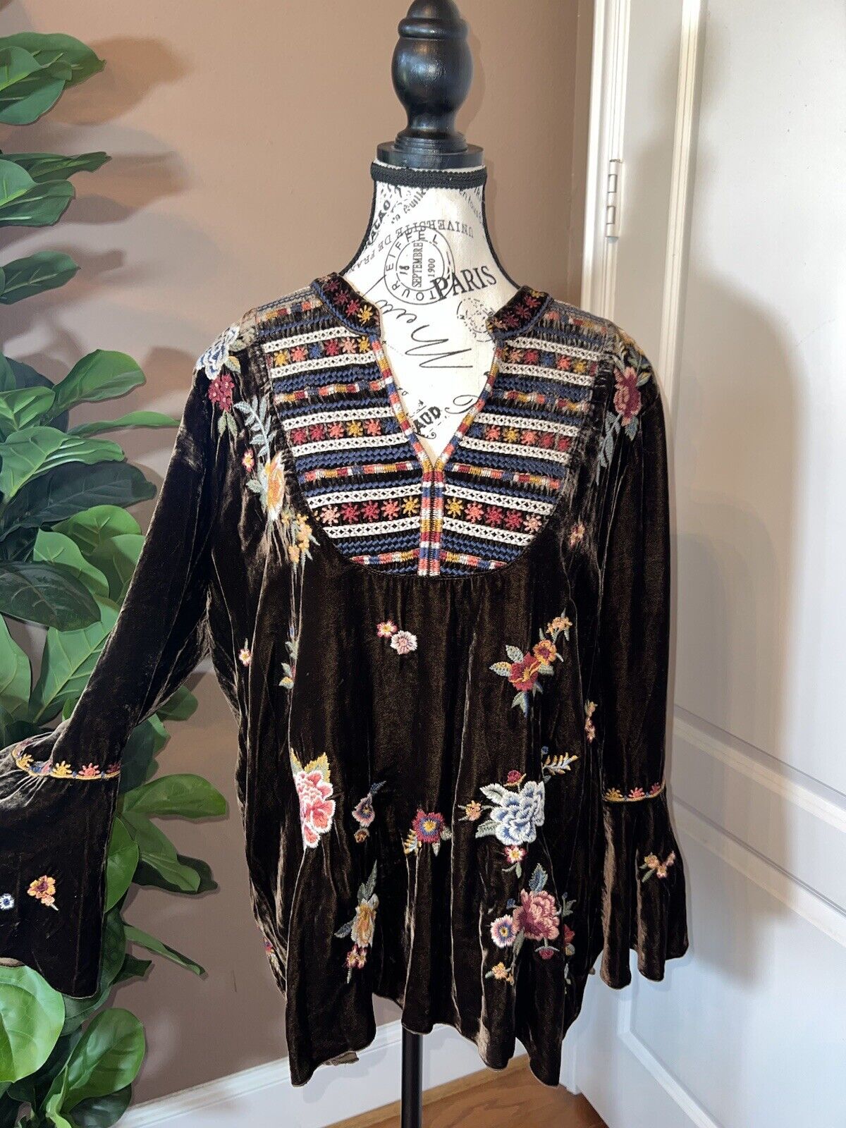 Johnny Was BOHO Brown Velvet Peasant Tunic Top Kimono sleeves L Large