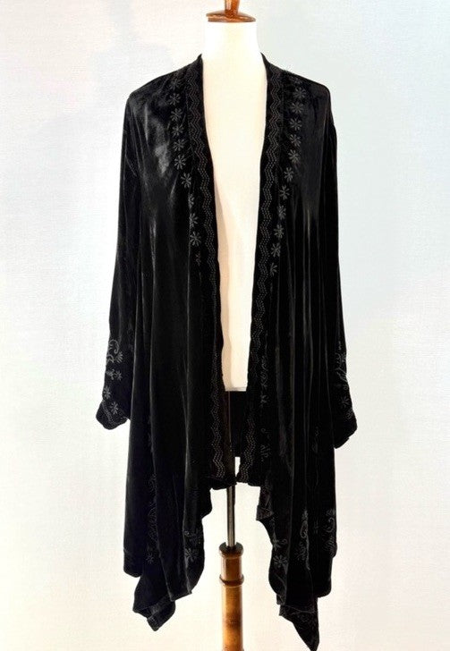 Johnny Was XL Black Velvet Kimono Wrap Cardigan Tonal Cross Embroidery Back Johnny Was