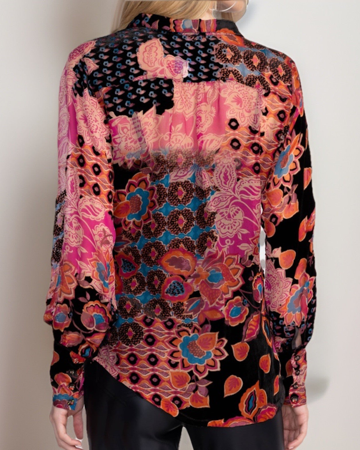 Johnny Was 2X Plus Button Up Blouse & Cami Burnout Silk & Velvet Top Pink & Red Johnny Was