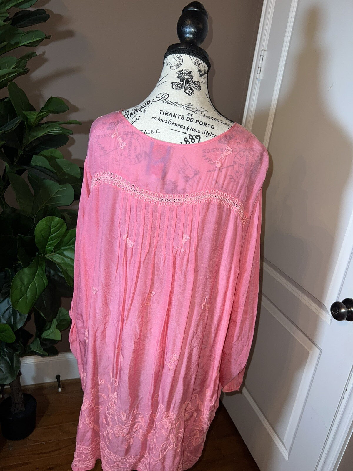 Johnny Was 2X Embroidered Tunic Top Pink Eyelet Lace Peasant Blouse Mini Dress Johnny Was