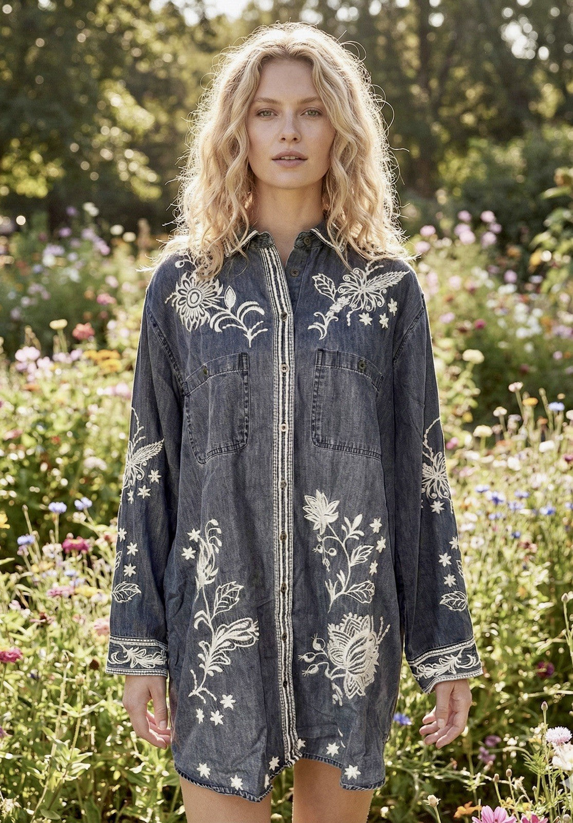 Johnny Was L Denim Chore Jacket Shacket Coat Black Grey Wash Embroidered Johnny Was