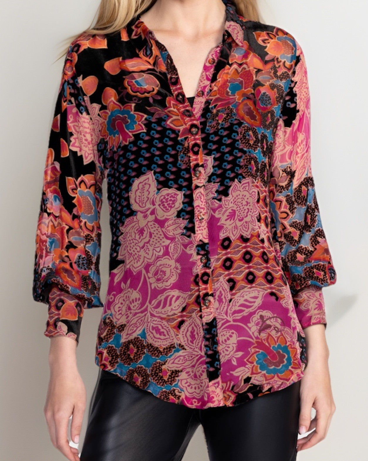 Johnny Was XXL Burnout Silk & Velvet Blouse Pink & Red Button Up Tunic Top BOHO Johnny Was