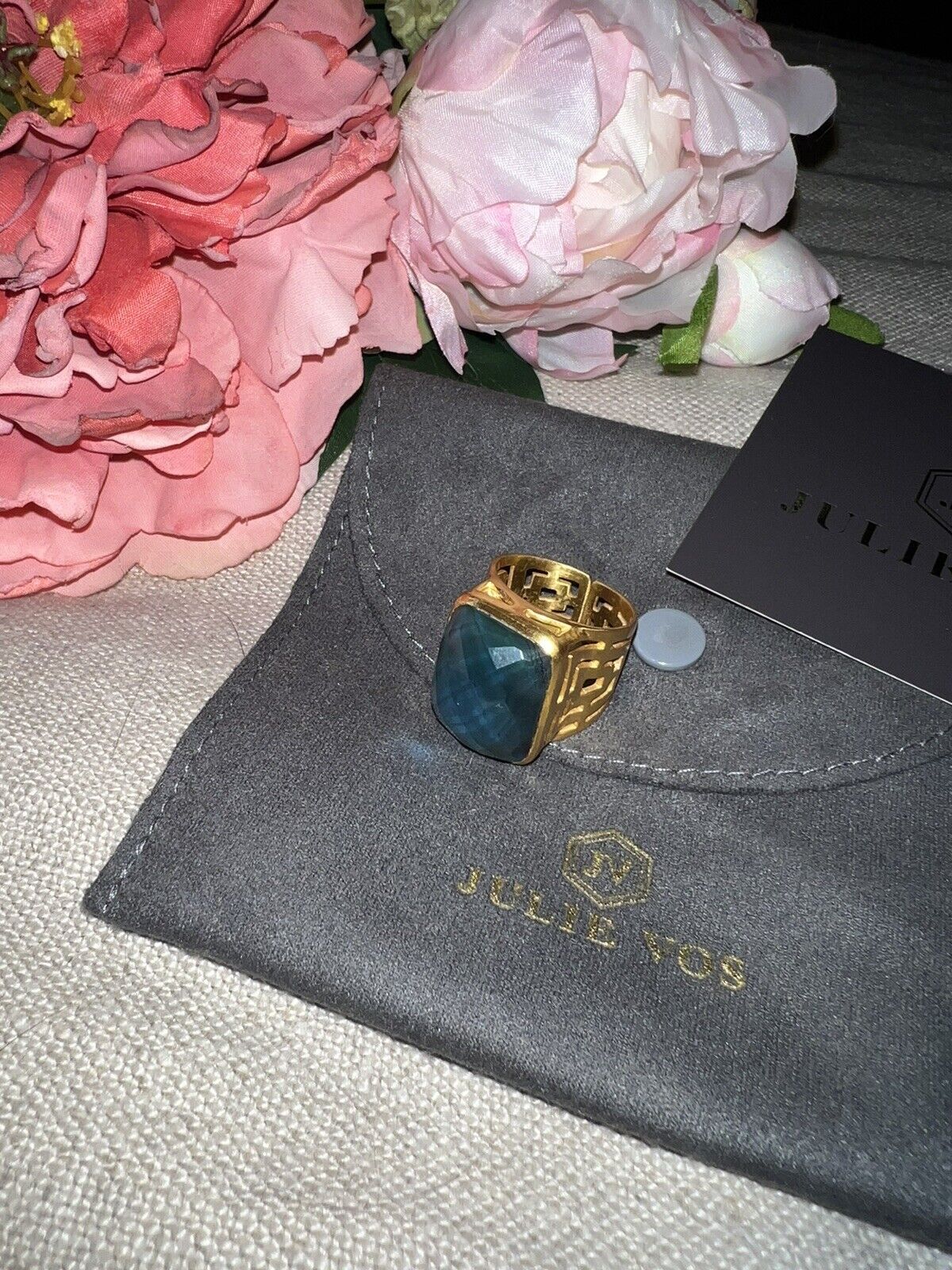 Julie Vos Iridescent Blue Statement Ring Sz 8 ADJUSTABLE 24k Gold Plate