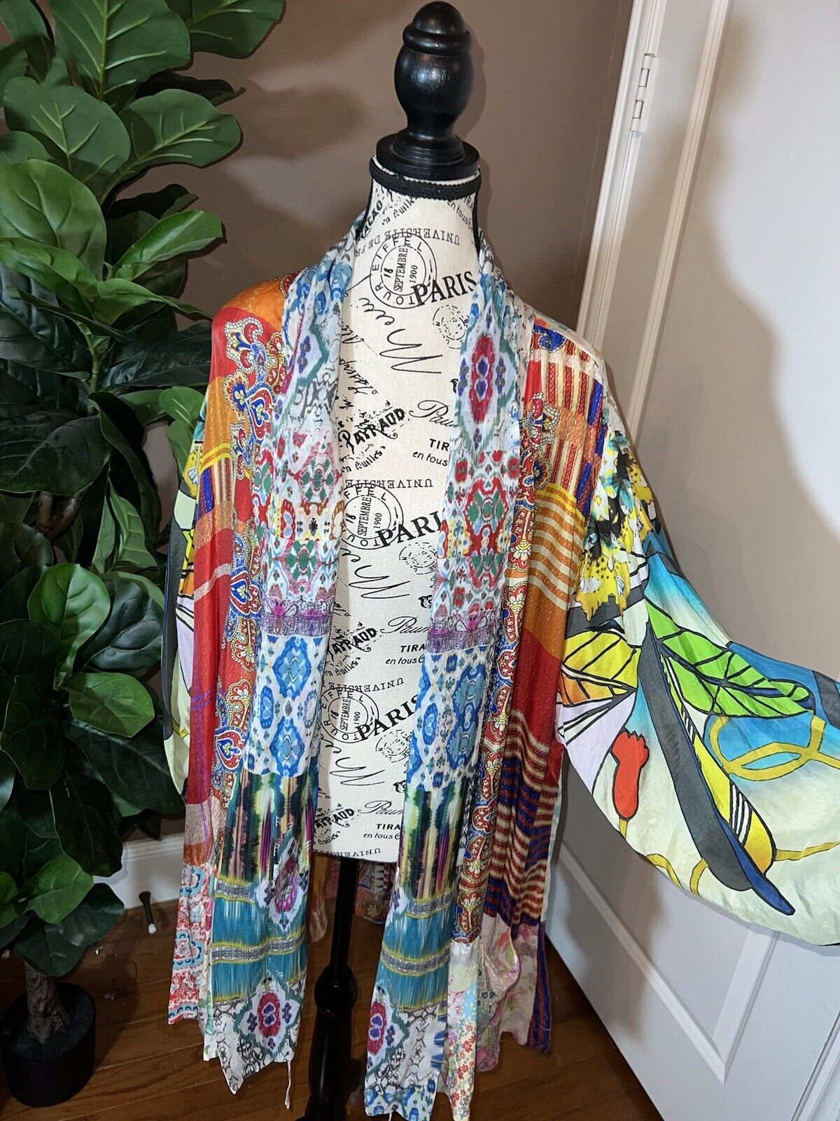 New Johnny Was 100% Silk Kimono Sz 1X 1XL XL Wrap Jacket Cardigan Colorful