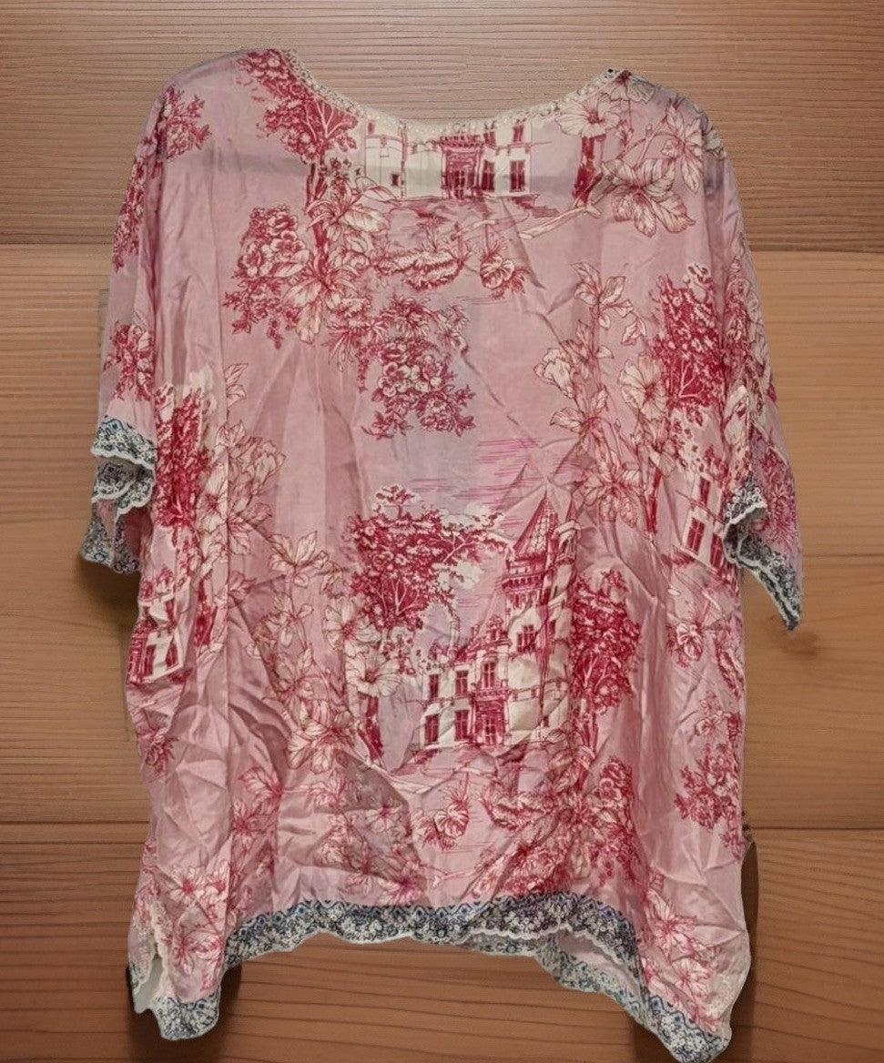 Johnny Was XL Pink & White 100% Silk Blouse Top Tunic Shirt Toile Lace Johnny Was