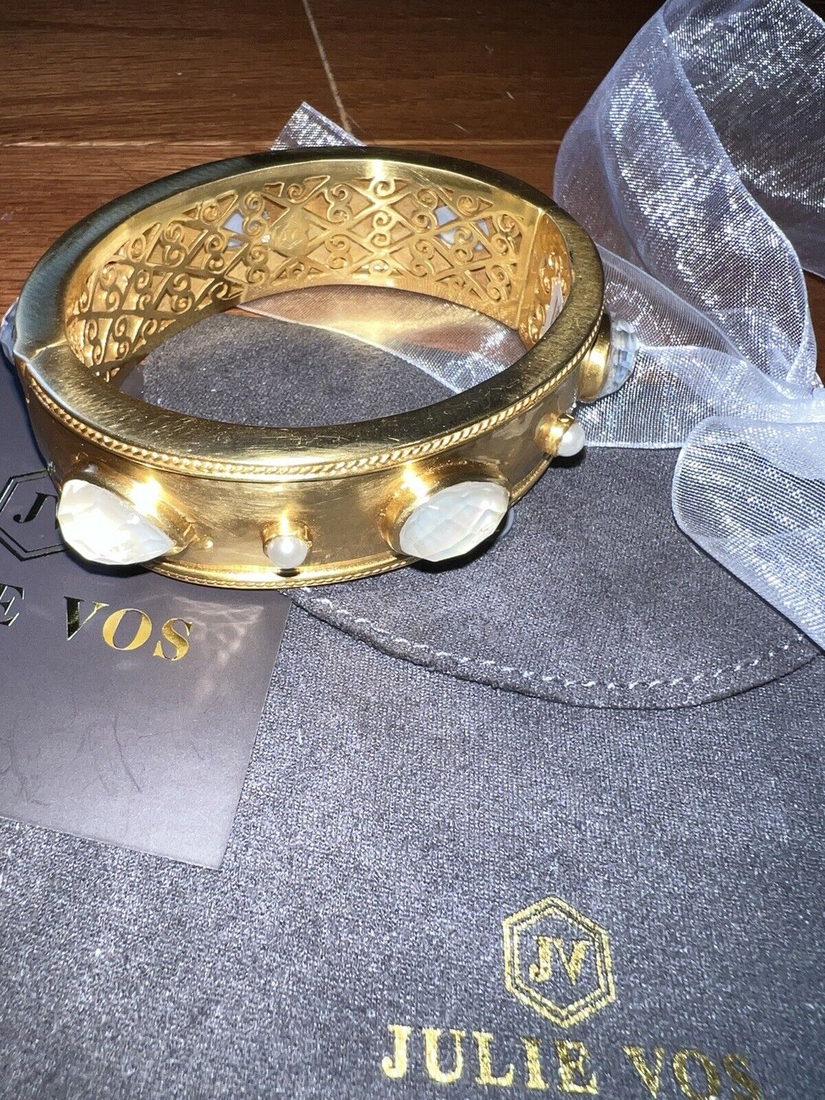 NEW Julie Vos Large Hinged Bangle Cuff Bracelet 24k Gold Plate & Iridescent NWT