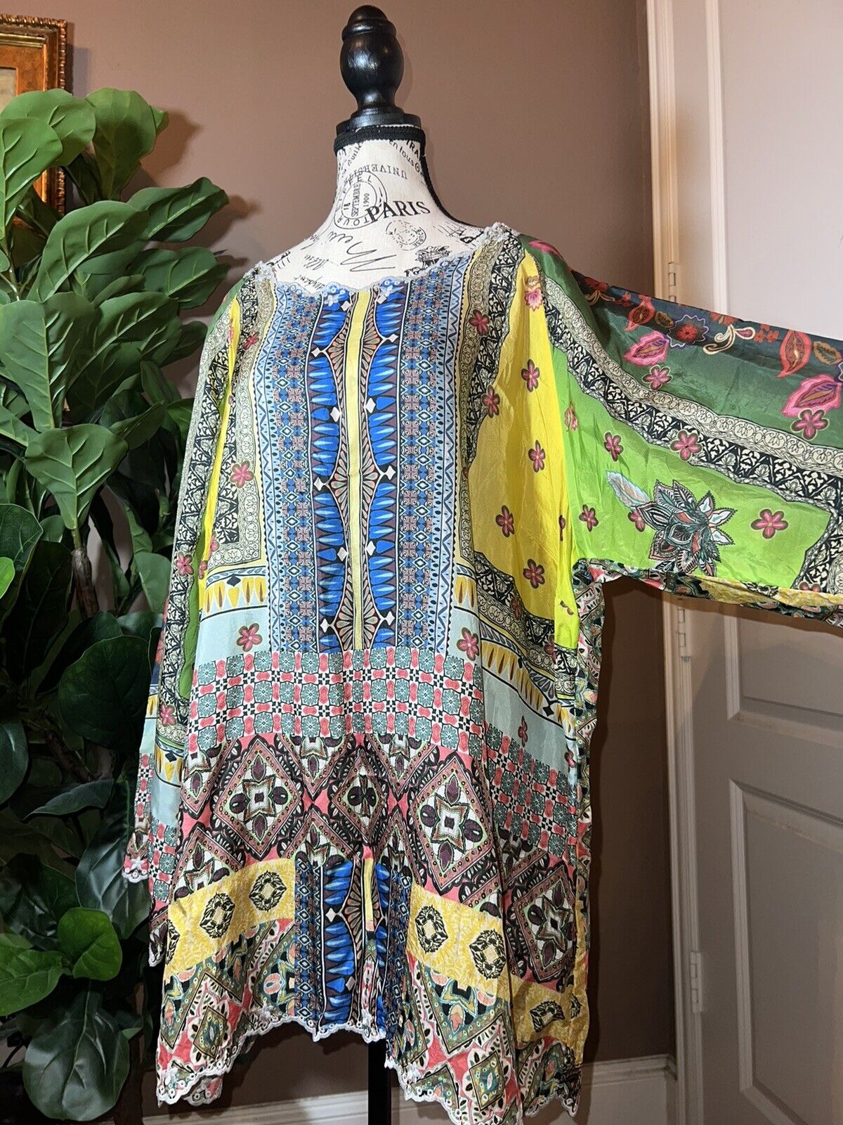 100% Silk Johnny Was Tunic Top 1X 1XL Kimono Sleeves Colorful Spring