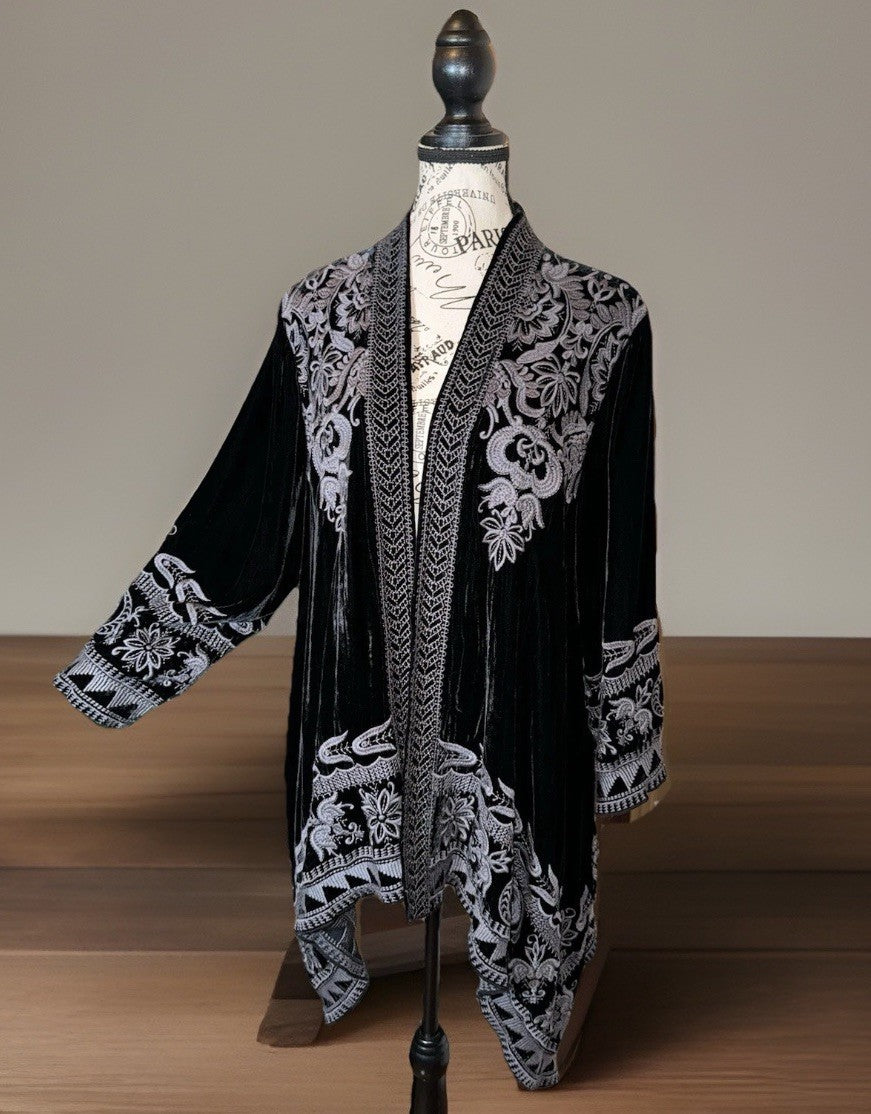 Johnny Was XL Black Velvet Kimono Duster  Cardigan Embroidery Handkerchief Hem Johnny Was