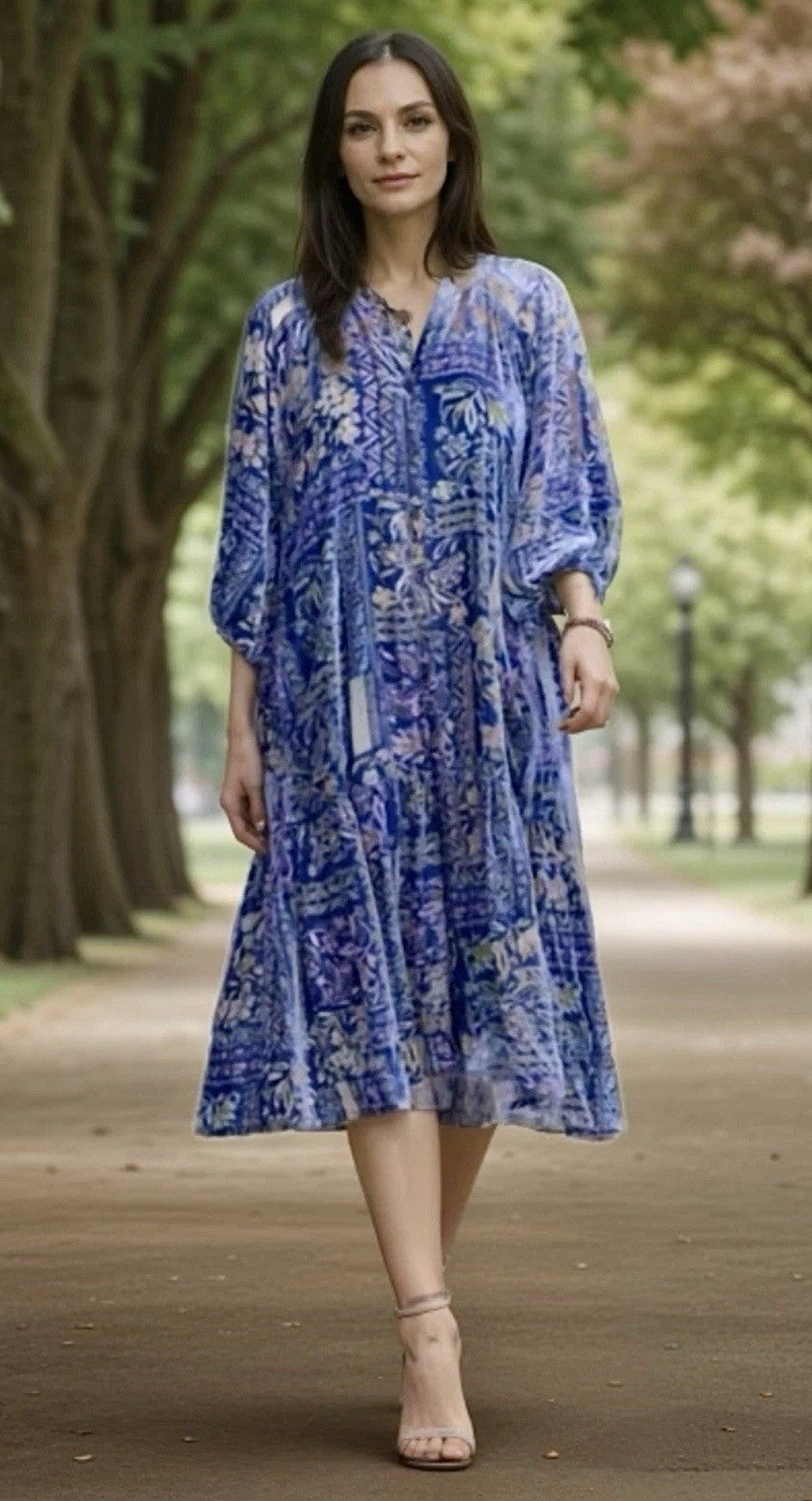 Johnny Was 3X Blue & Purple Velvet Burnout Shift MIDI Dress Lightweight Cool Johnny Was