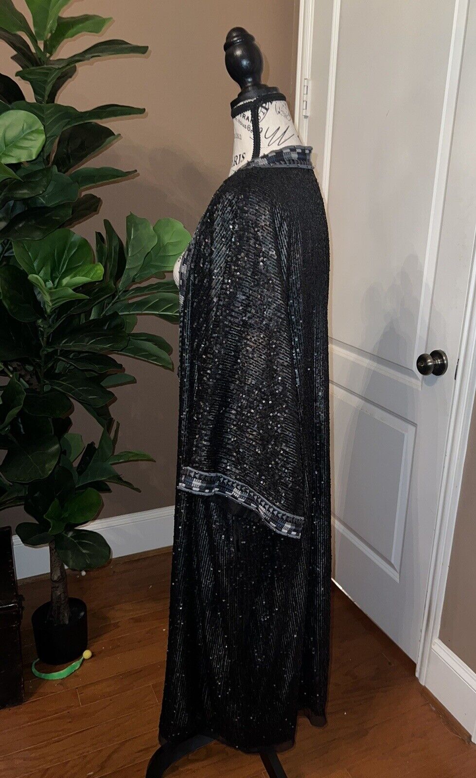 Johnny Was XL Long Silk & Sequin Black KIMONO Duster Wrap REVERSIBLE OVERSIZ