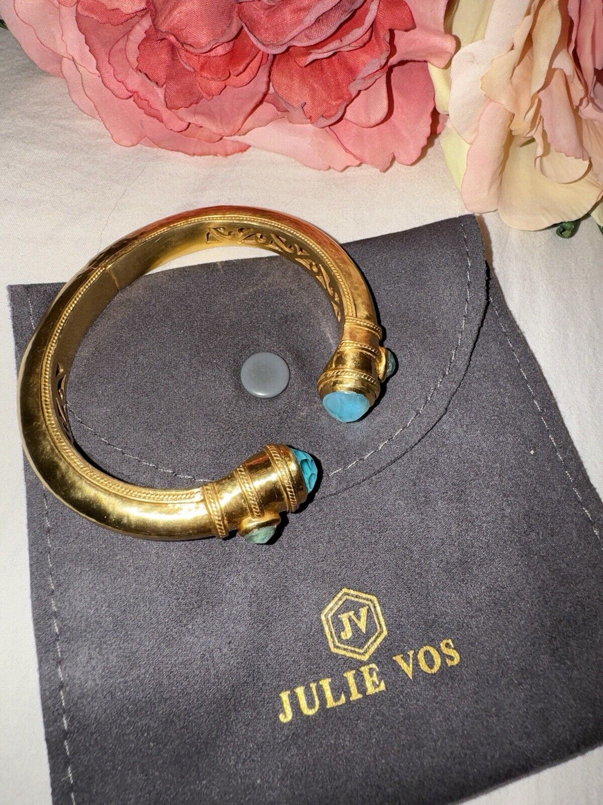 NEW Julie Vos Iridescent Blue Hinged Bangle Cuff Bracelet 24k Plated NWOT