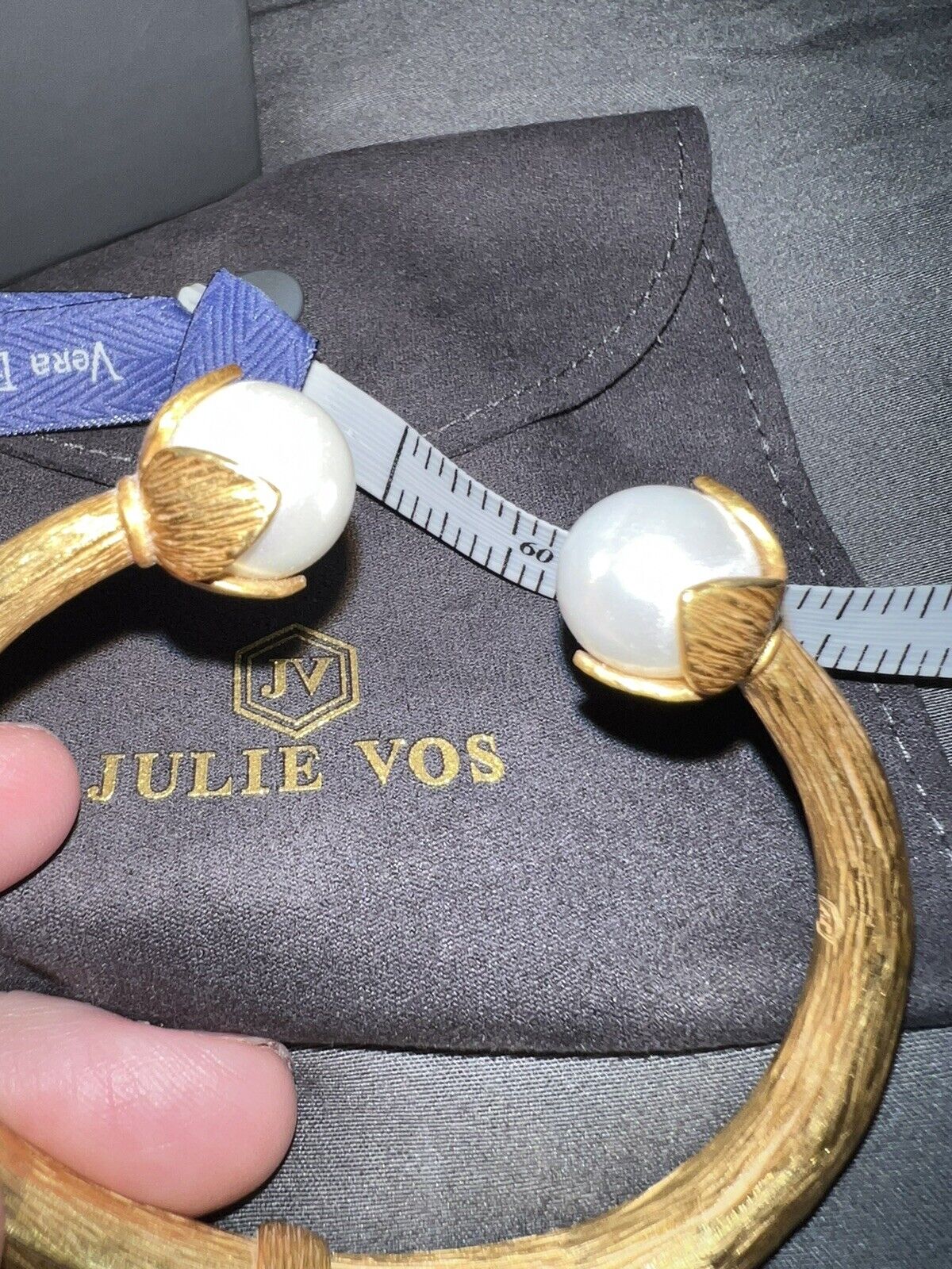 New Julie Vos Double Pearl 24k Gold Plate Hinged Bangle Bracelet NWOT