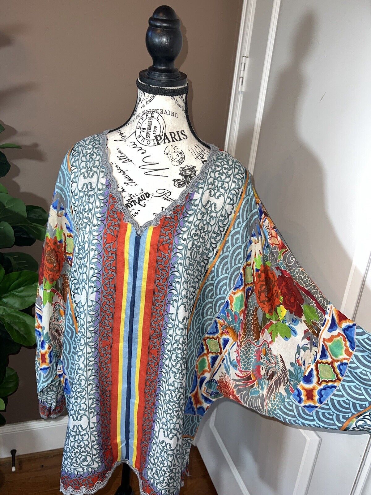 Johnny Was 100% Silk Long Sleeve Tunic Top Dragon Blouse Shirt XL 1XL