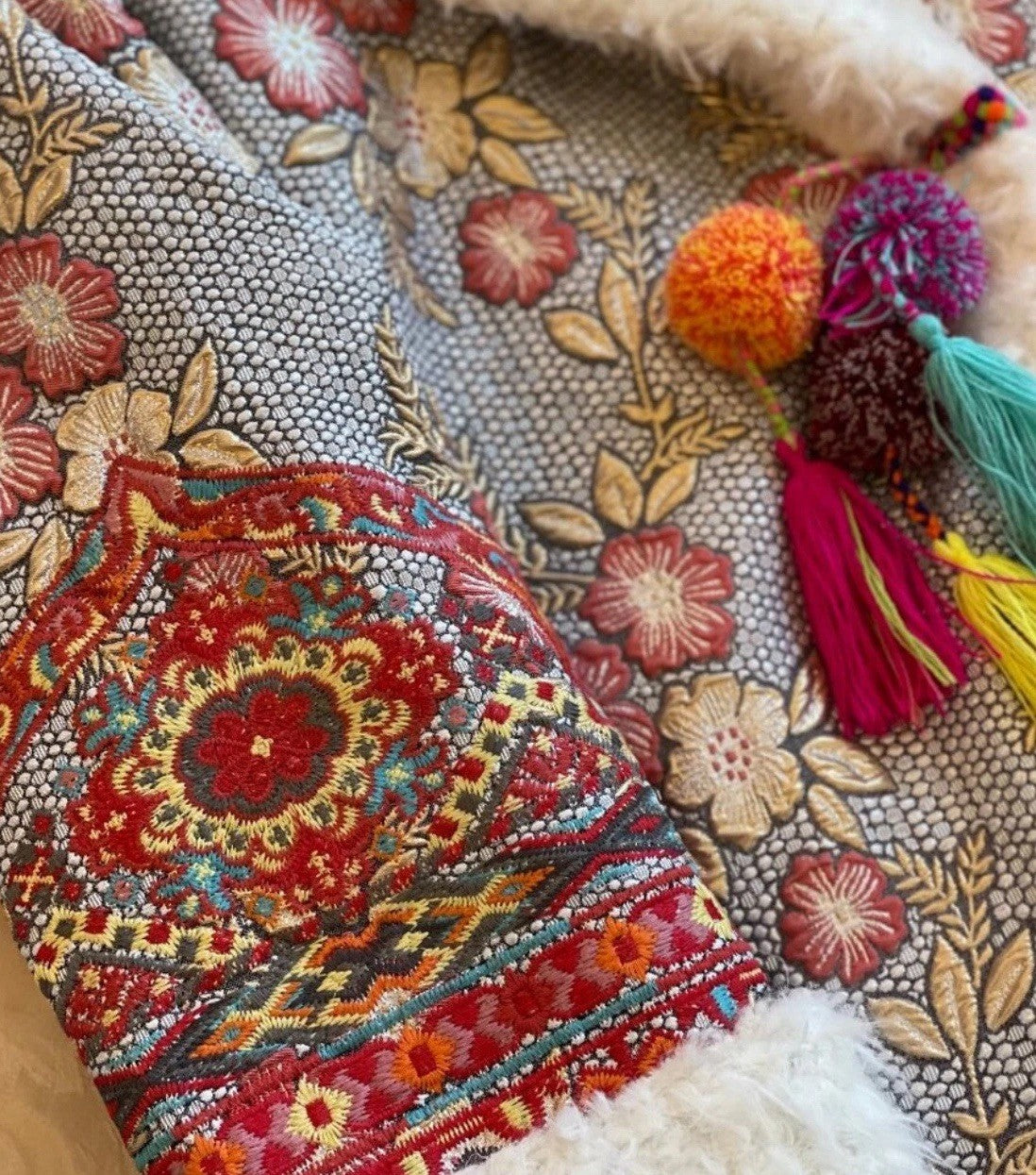 Johnny Was XXL Plus Faux Fur Sherpa Coat Jacket Silver & Pink Shearling Tassels Johnny Was