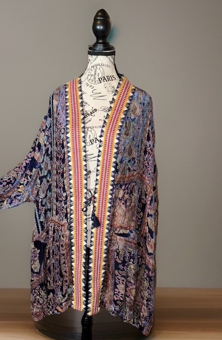 Johnny Was M Medium Burnout Velvet Kimono Duster Wrap Cardigan Jacket Purple Johnny Was