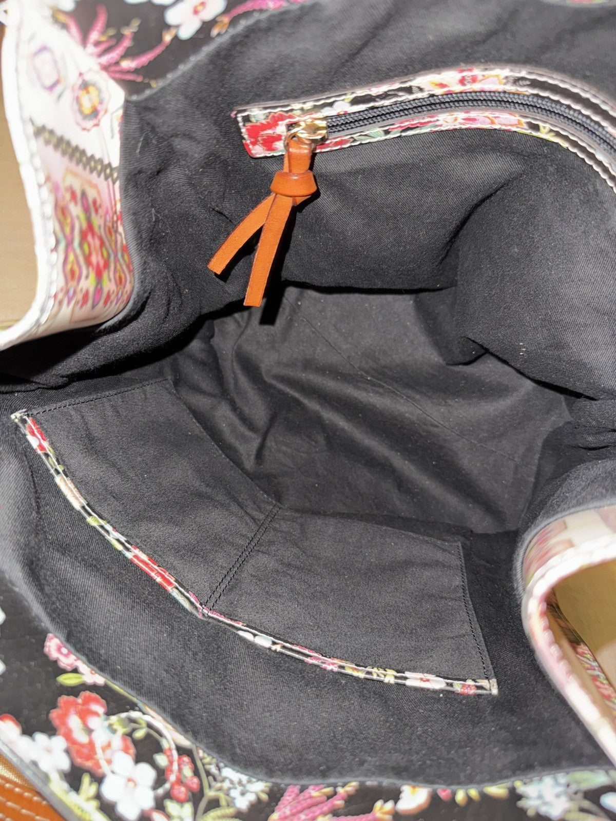 Johnny Was Black & Pink Coated Canvas Dreamer Bag Purse Tote Leather $428 Johnny Was