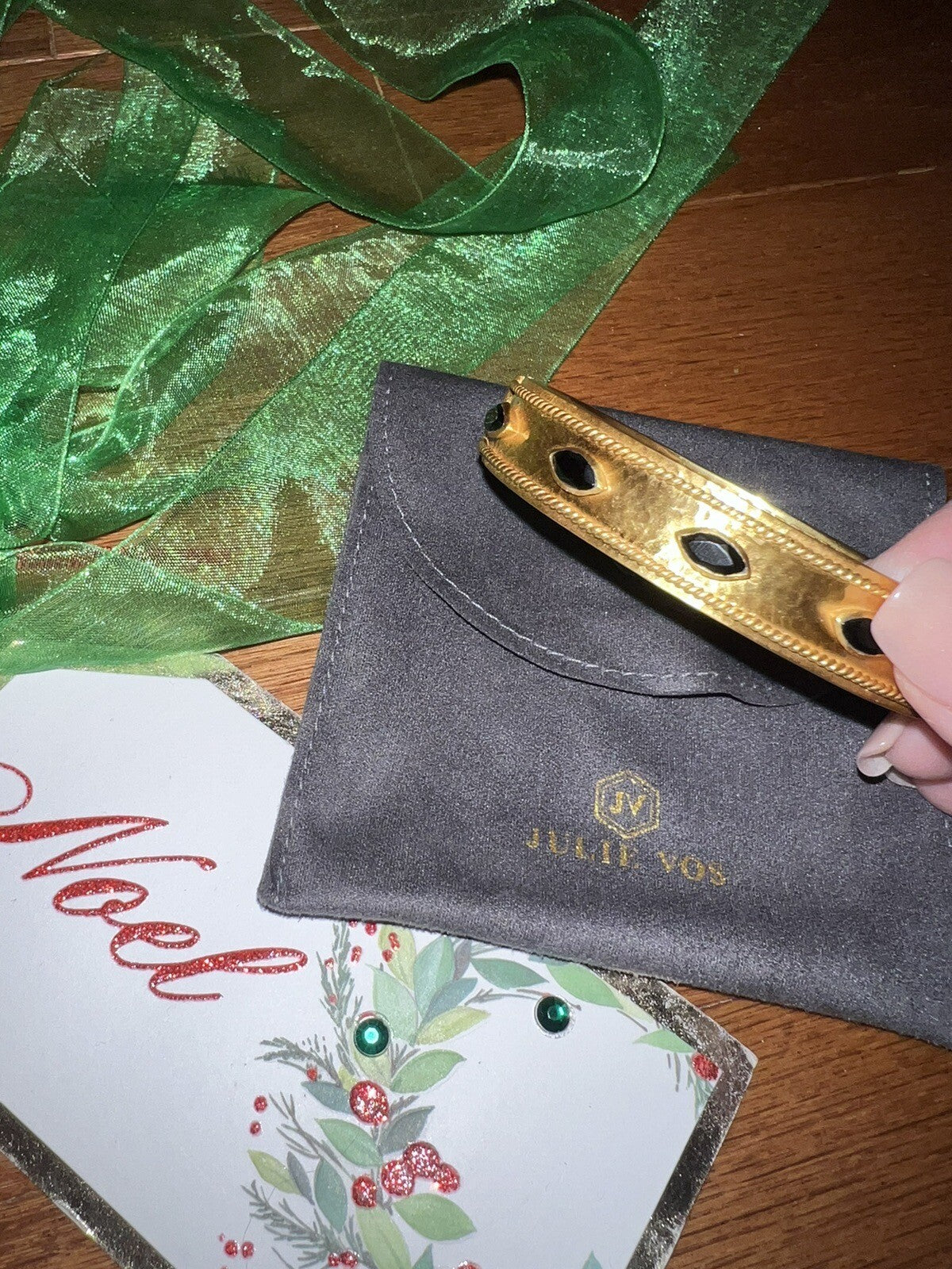 Julie Vos Hinged Cuff Bangle Bracelet Obsidian 24k Gold Plate Julie Vos