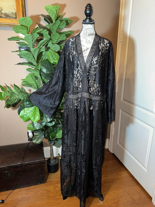 Johnny Was Large Black Lace Long Maxi Dress Kimono Sleeves Empire Waist