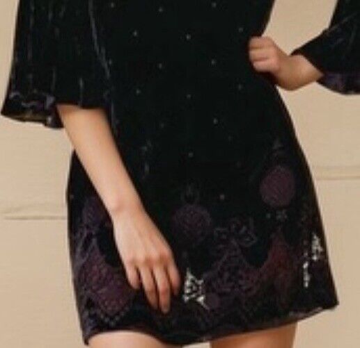 Johnny Was Large Black Velvet Mini Shift Dress Bell Sleeve  & Eyelet Lace