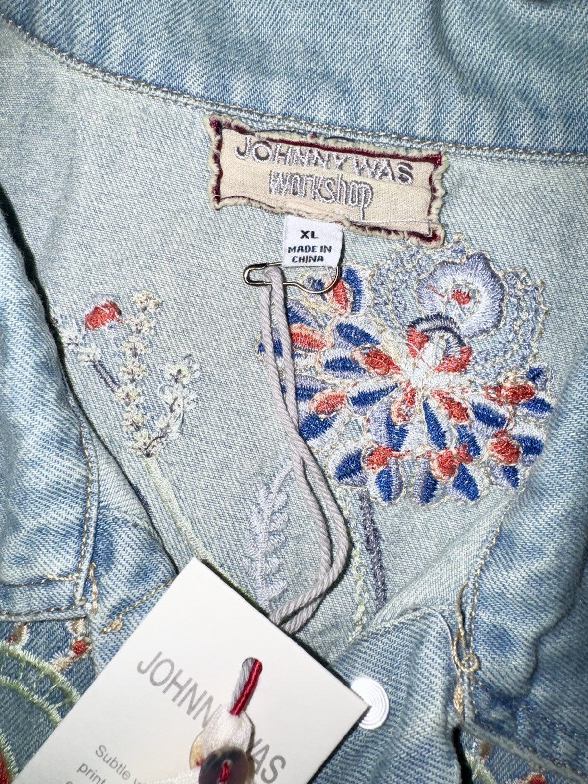 Johnny Was XL Denim Jacket Worker Coat Embroidered Phoenix Bird Light Wash Johnny Was