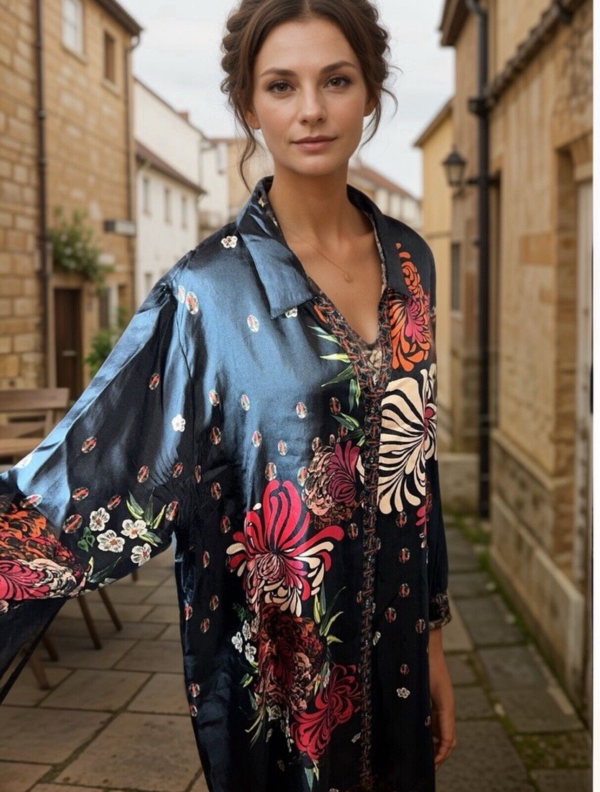 Johnny Was 100% Silk Black Floral Pattern Tunic Top Mini Shirt Dress 1X XL